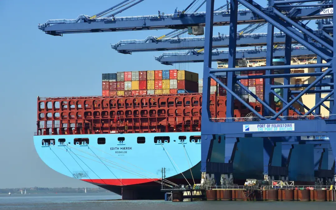 Ship at the port of felixstowe with loaded shipping containers